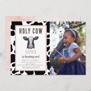 Pink Holy Cow I'm One Birthday  Invitation