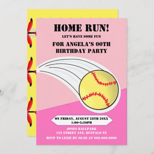 Pink Home Run Softball Birthday Party  (Front/Back)