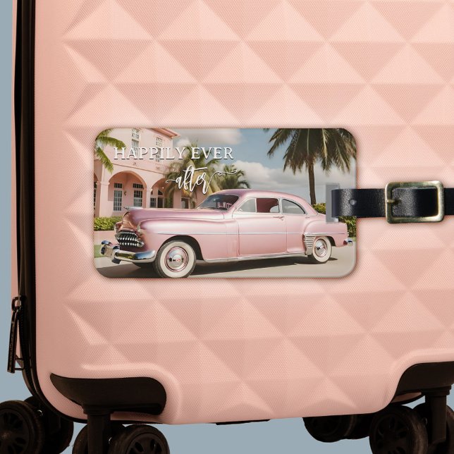 Pink Honeymoon Retro Just Married Luggage Tag (Honeymoon luggage tag featuring a pink retro car in a tropical scene)