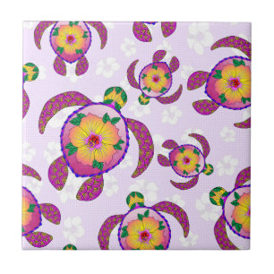 Pink Honu Turtles Hibiscus Flowers Ceramic Tile