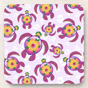 Pink Honu Turtles Hibiscus Flowers Coaster