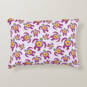 Pink Honu Turtles Hibiscus Flowers Decorative Cushion