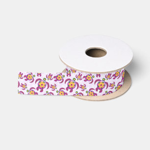 Pink Honu Turtles Hibiscus Flowers Satin Ribbon