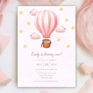 Pink Hot Air Ballon Girl 1st Birthday Party Invitation