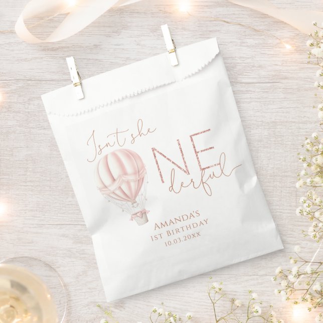 Pink Hot Air Ballon Onederful Girl 1st Birthday  Favour Bag (Clipped)