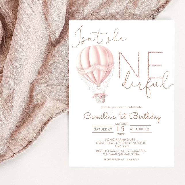 Pink Hot Air Ballon Onederful Girl 1st Birthday  Invitation (Creator Uploaded)