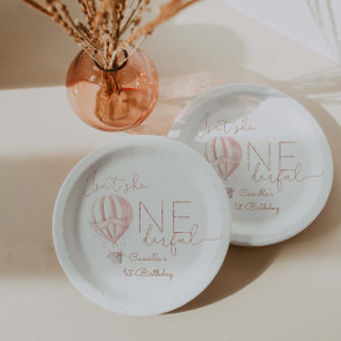 Pink Hot Air Ballon Onederful Girl 1st Birthday  Paper Plate