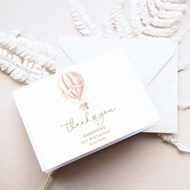Pink Hot Air Ballon Onederful Girl 1st Birthday Thank You Card (Creator Uploaded)
