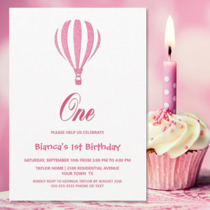 Pink Hot Air Balloon 1st Birthday Party Invitation