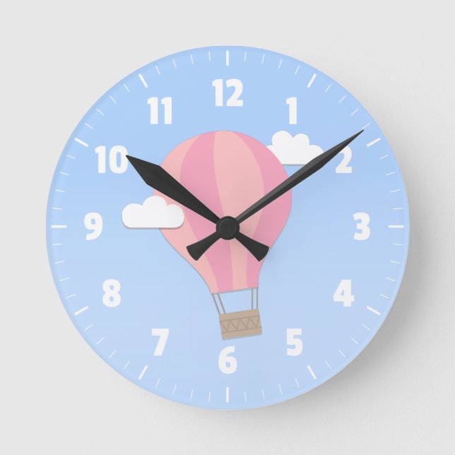 Pink Hot Air Balloon, Adventure Among the Clouds Round Clock (Front)