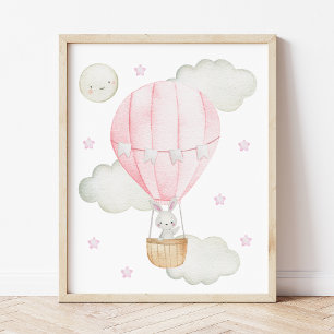 Pink Hot Air Balloon, Animals, Bunny, Girl Nursery Poster