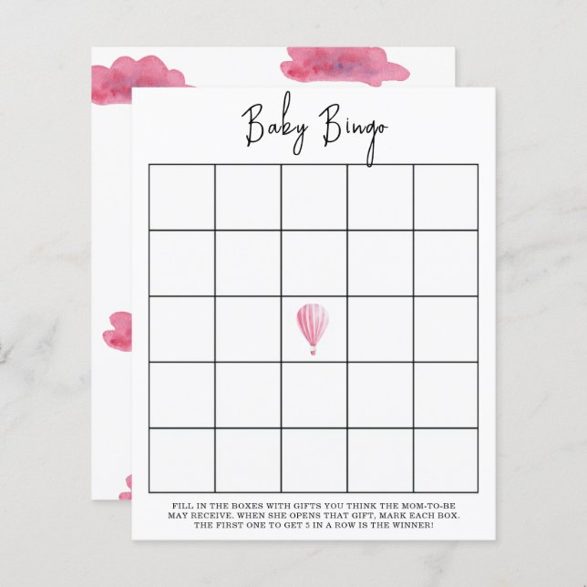 Pink hot air balloon - Baby shower bingo game (Front/Back)