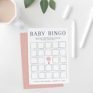 Pink Hot Air Balloon Baby Shower Bingo Game Card