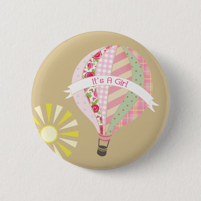 Pink Hot Air Balloon Baby Shower Button (Front)