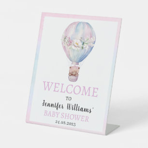 Pink hot air balloon baby shower welcome sign