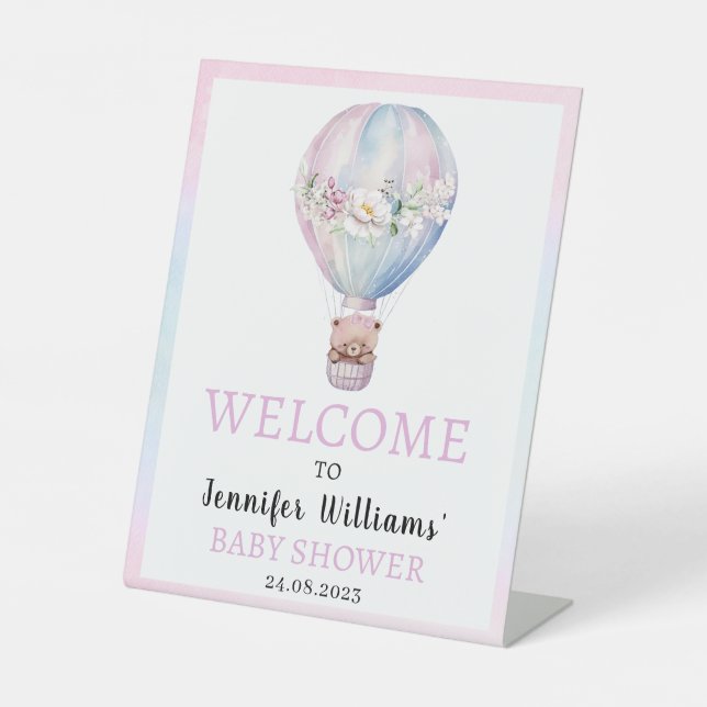 Pink hot air balloon baby shower welcome sign (Front)
