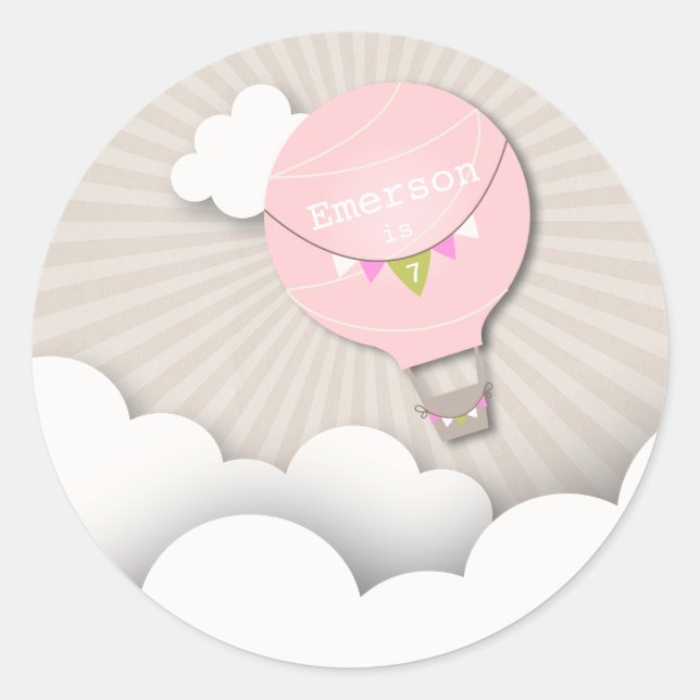 Pink Hot Air Balloon Birthday Party Sticker (Front)