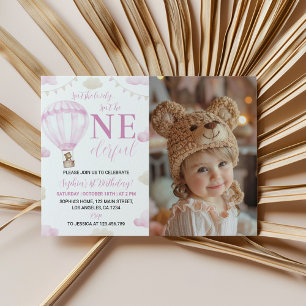 Pink Hot Air Balloon Birthday Photo Invitation