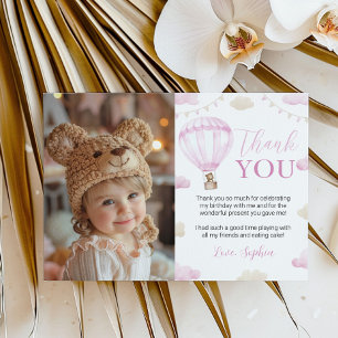 Pink Hot Air Balloon Birthday Photo Thank You Card