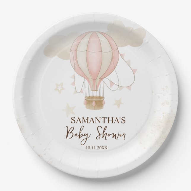 Pink Hot Air Balloon Clouds Baby Shower Paper Plate (Front)