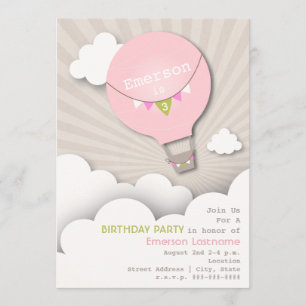 Pink Hot Air Balloon & Clouds Girl's Birthday Invitation