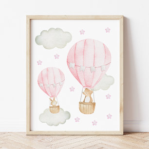 Pink Hot Air Balloon, Cute Animals, Girl Nursery Photo Print