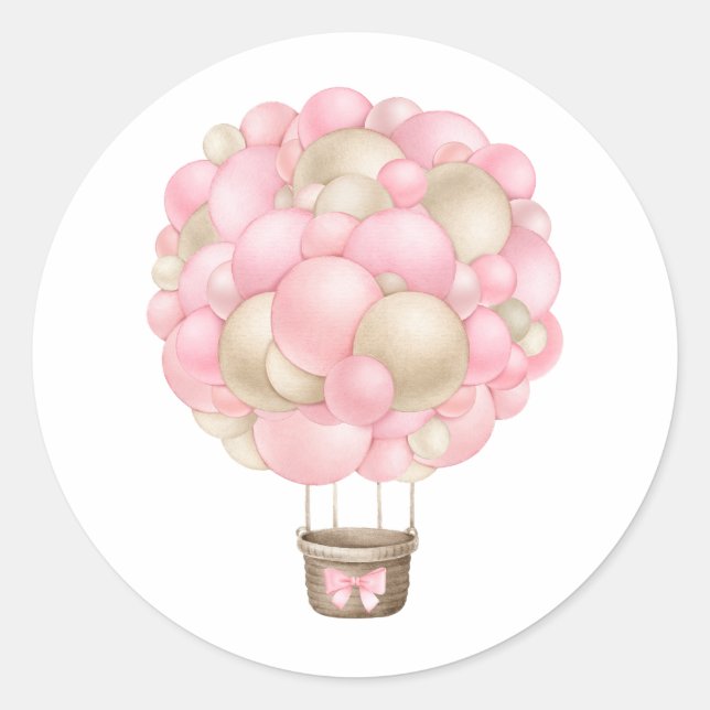 Pink Hot Air Balloon Girl Baby Shower Classic Round Sticker (Front)