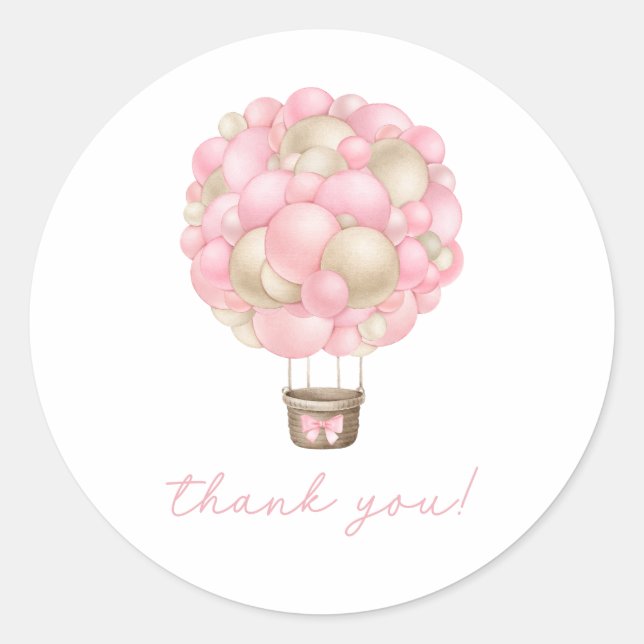 Pink Hot Air Balloon Girl Baby Shower Classic Round Sticker (Front)