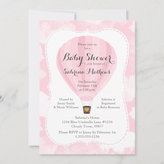 Pink Hot Air Balloon Girl Baby Shower Invitation (Front)
