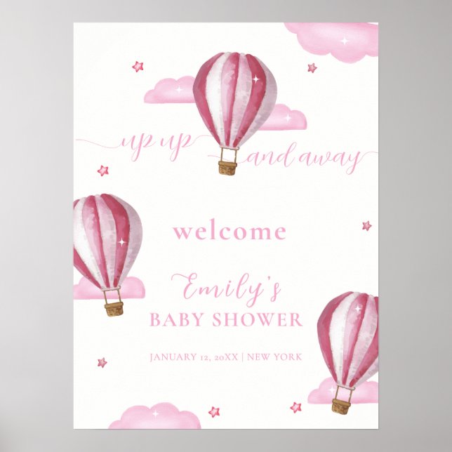 Pink Hot Air Balloon Girl Baby Shower Welcome  Poster (Front)