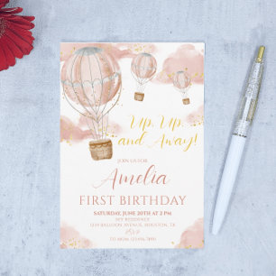 Pink Hot Air Balloon Girl First Birthday Invitation