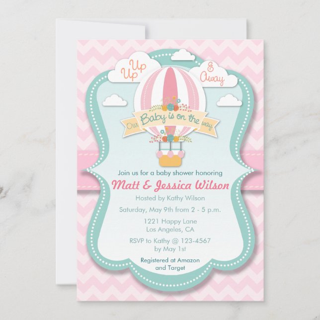 Pink Hot Air Balloon Girls Baby Shower Invitation (Front)