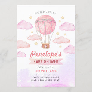 Pink Hot air balloon invitation, girl baby shower Invitation
