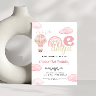 Pink Hot Air Balloon Isn't She Onederful Birthday Invitation