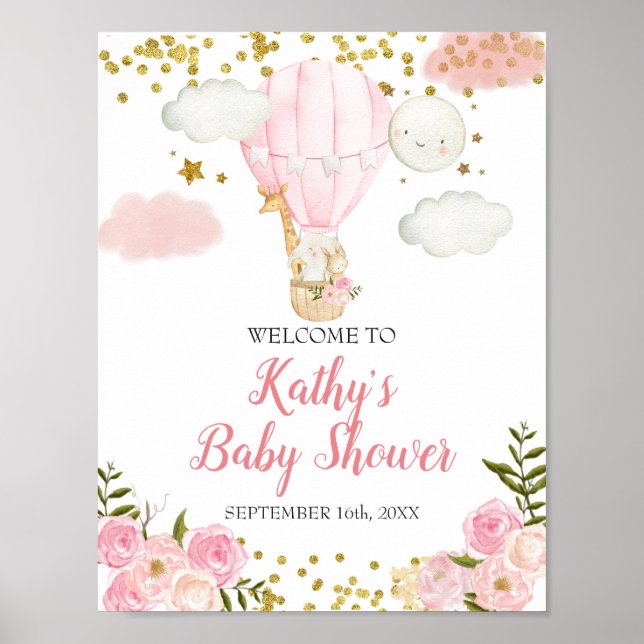 Pink Hot air Balloon Jungle Baby Shower Welcome Poster (Front)