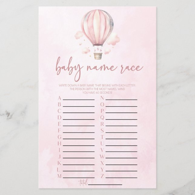 Pink Hot Air Balloon Name Race Baby Shower Game (Front)