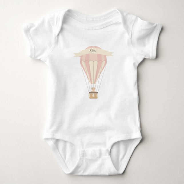 Pink hot air balloon personalised baby bodysuit (Front)