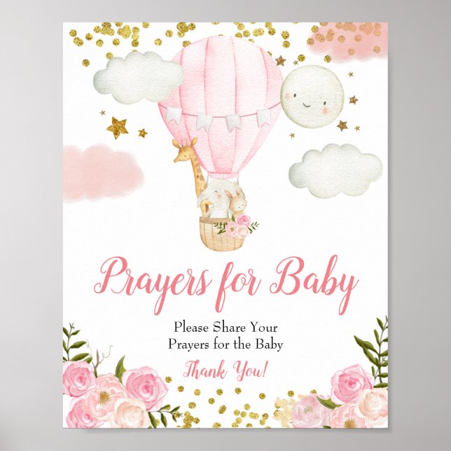 Pink Hot air Balloon Prayers for Baby Shower Sign (Front)