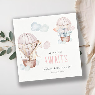 Pink Hot Air Balloon Safari Animals Baby Shower Napkin