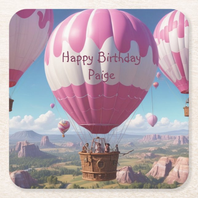 Pink Hot Air Balloon Square Paper Coaster (Front)