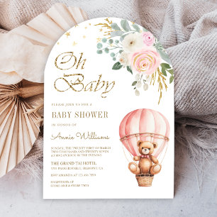 Pink Hot Air Balloon Teddy Bear Arch Baby Shower Invitation