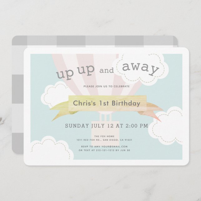 Pink Hot Air Balloon Up Up and Away 1st Birthday Invitation (Front/Back)