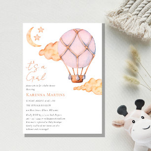 Pink Hot Air Balloon White It's a Girl Baby Shower Invitation