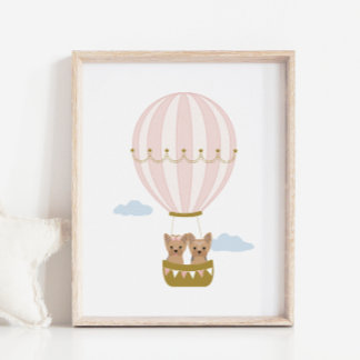Pink Hot Air Balloon Yorkshire Nursery Poster