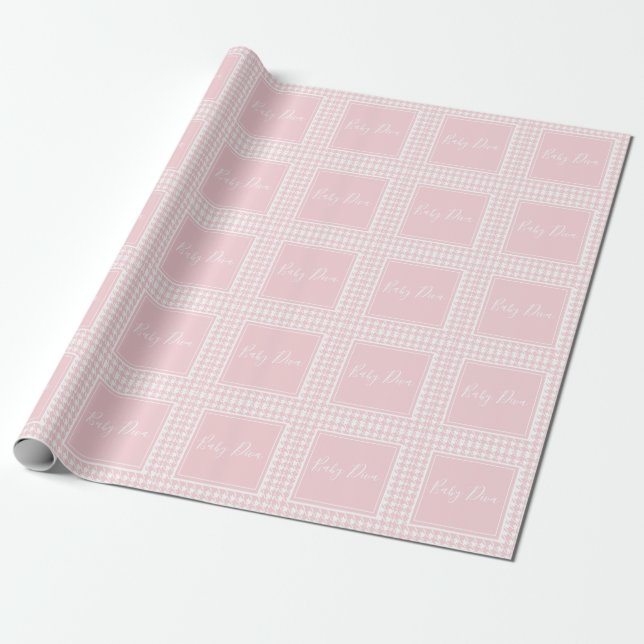 Pink Houndstooth Baby Diva Baby Shower Wrapping Paper (Unrolled)
