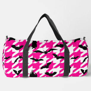 pink houndstooth halloween black bats duffle bag