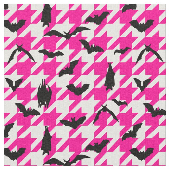 pink houndstooth halloween black bats fabric (Close Up)