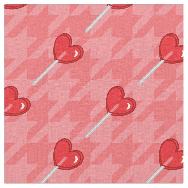 pink houndstooth heart lollipop fabric (Close Up)