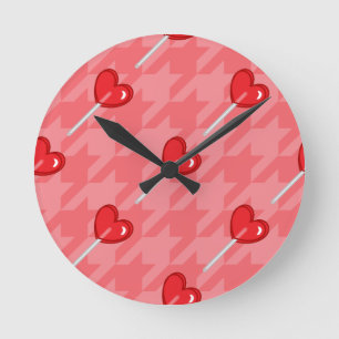 pink houndstooth heart lollipop round clock