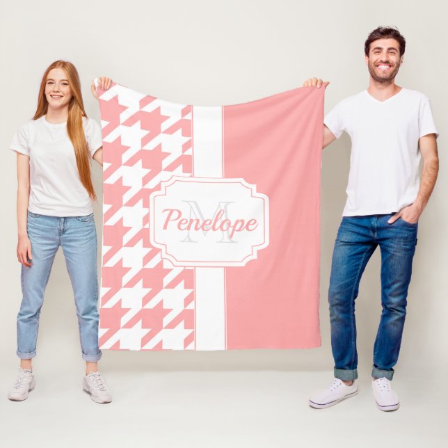 Pink Houndstooth Pattern Fleece Blanket (In Situ)